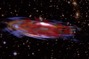 Representación artística de una galaxia giratoria distante con mucho polvo