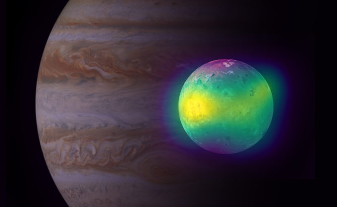 Composite image showing Jupiter's moon Io in radio (ALMA), and optical light (Voyager 1 and Galileo). The ALMA images of Io show for the first time plumes of sulfur dioxide (in yellow) rise up from its volcanoes. Jupiter is visible in the background (Hubble). Credit: ALMA (ESO/NAOJ/NRAO), I. de Pater et al.; NRAO/AUI NSF, S. Dagnello; NASA/ESA