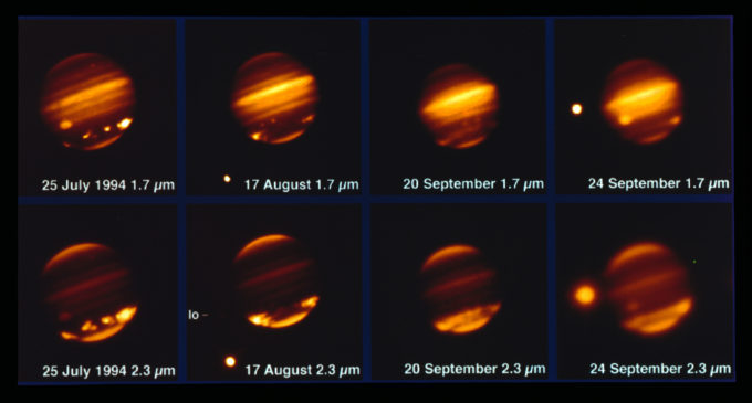 This image, taken with the MPG/ESO 2.2-metre telescope and the IRAC instrument, shows comet Shoemaker–Levy 9 impacting Jupiter in July 1994. Credit: ESO