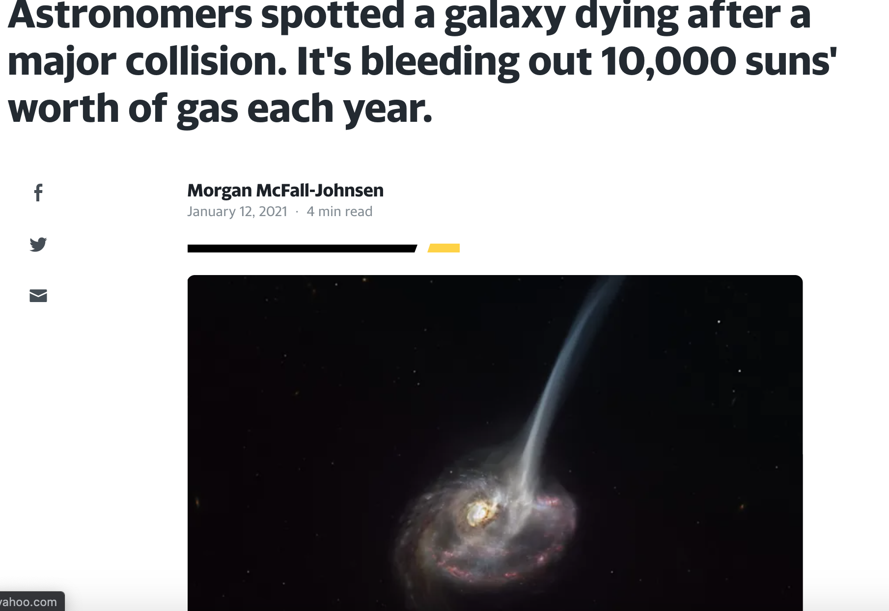 Astronomers spotted a galaxy dying after a major collision. It's bleeding out 10,000 suns' worth of gas each year.