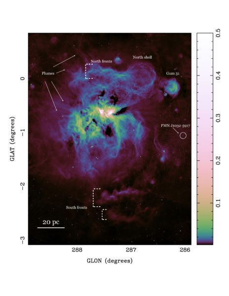Una vista detallada del gas ionizado en la región más cercana de formación estelar masiva, la Nebulosa Carina.