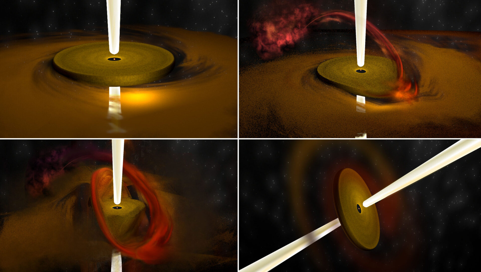 <p>Artist’s conception illustrates process seen in forming stars much more massive than the Sun. At top left, material is being drawn into the young star through an orbiting disk which generates a fast-moving jet of material outward. At top right, material begins coming in from another direction, and at bottom left, begins deforming the original disk until, at bottom right, the disk orientation — and the jet orientation — have changed. Credit: Bill Saxton, NRAO/AUI/NSF</p>
