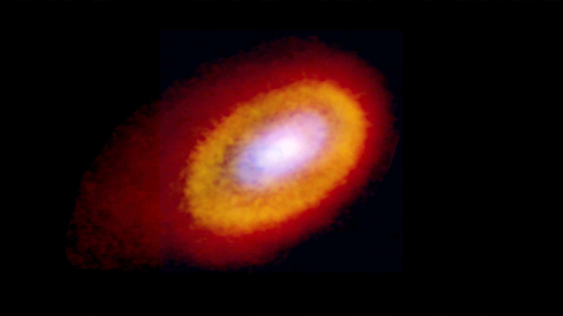 Multiple molecular tracers helped scientists to better understand the gases present in the disk surrounding Elias 2-27. Visible in this composite are the 0.87mm dust continuum data (blue), C18O emission (yellow), and 13CO emission (red). Credit: Teresa Paneque-Carreño/ Bill Saxton, NRAO/AUI/NSF