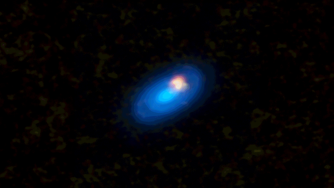 Using gas velocity data, scientists observing Elias 2-27 were able to directly measure the mass of the young star’s protoplanetary disk and also trace dynamical perturbations in the star system. Visible in this animation are the dust continuum 0.87mm emission data (blue), along with emissions from gases C18O (yellow) and 13CO (red). Credit: Teresa Paneque-Carreño/ Bill Saxton, NRAO/AUI/NSF