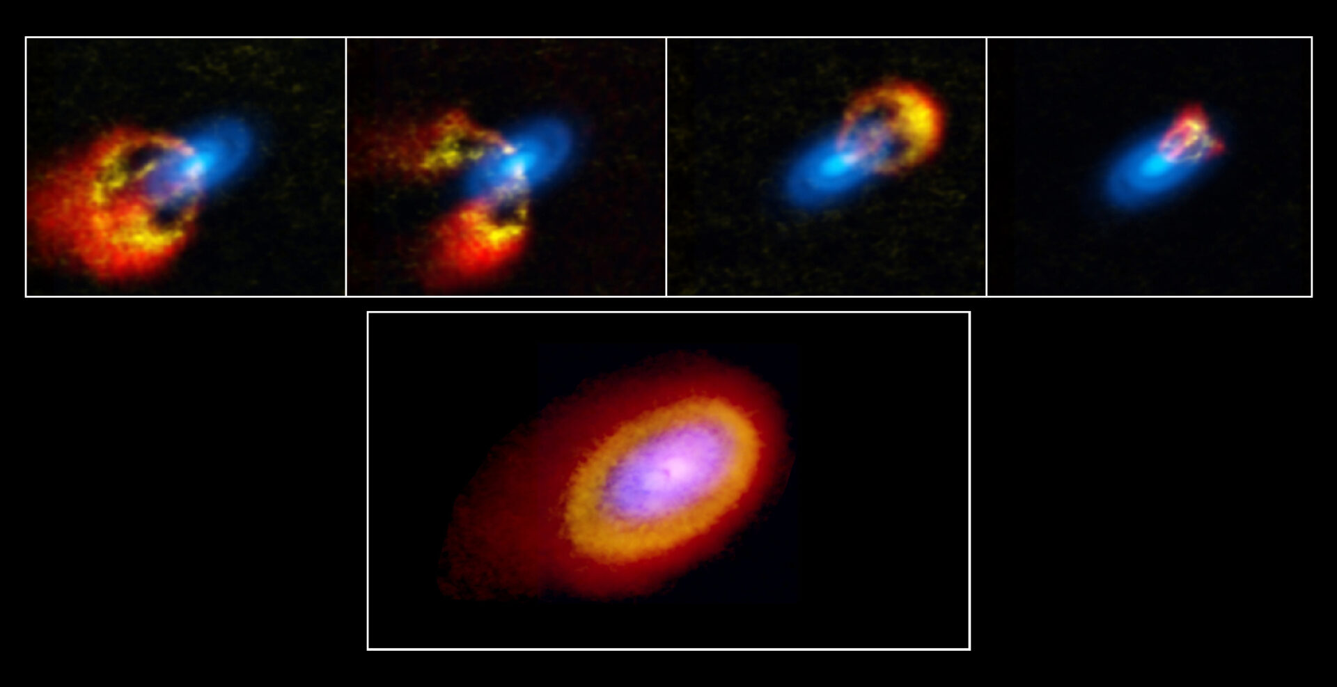 Using gas velocity data, scientists observing Elias 2-27 were able to directly measure the mass of the young star’s protoplanetary disk and also trace dynamical perturbations in the star system. Visible in this paneled composite are the dust continuum 0.87mm emission data (blue), along with emissions from gases C18O (yellow) and 13CO (red). Credit: Teresa Paneque-Carreño/ Bill Saxton, NRAO/AUI/NSF