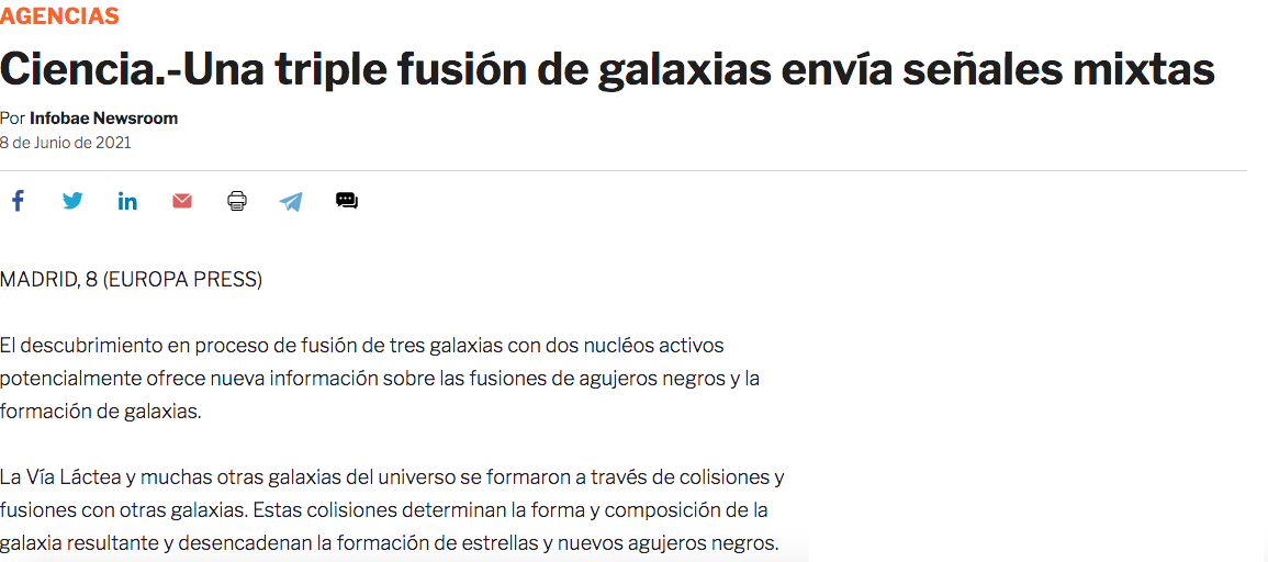 Ciencia.-Una triple fusión de galaxias envía señales mixtas