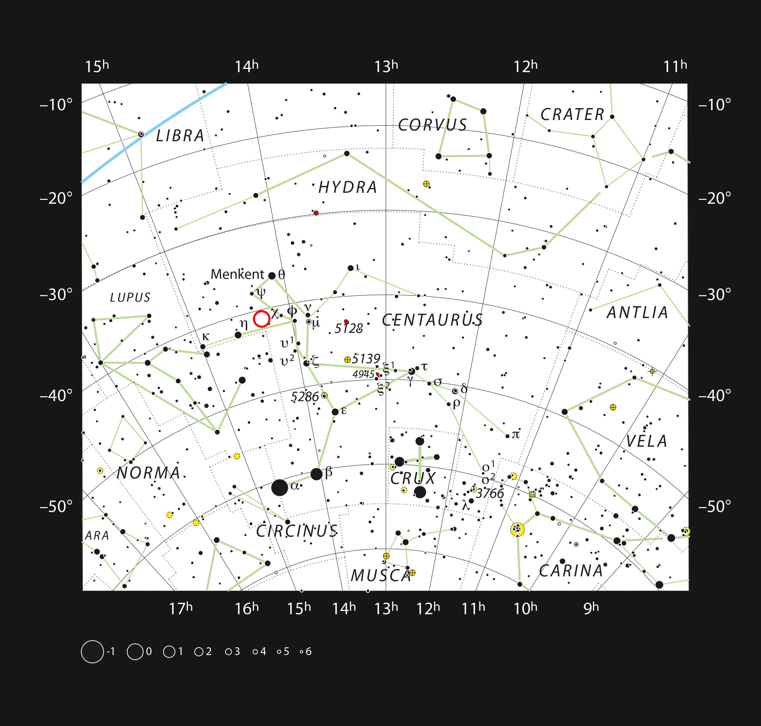 This chart shows the southern constellation of Centaurus and marks most of the stars visible to the unaided eye on a clear dark night. The dwarf star PDS 70 is marked with a red circle. Credit: ESO, IAU and Sky & Telescope