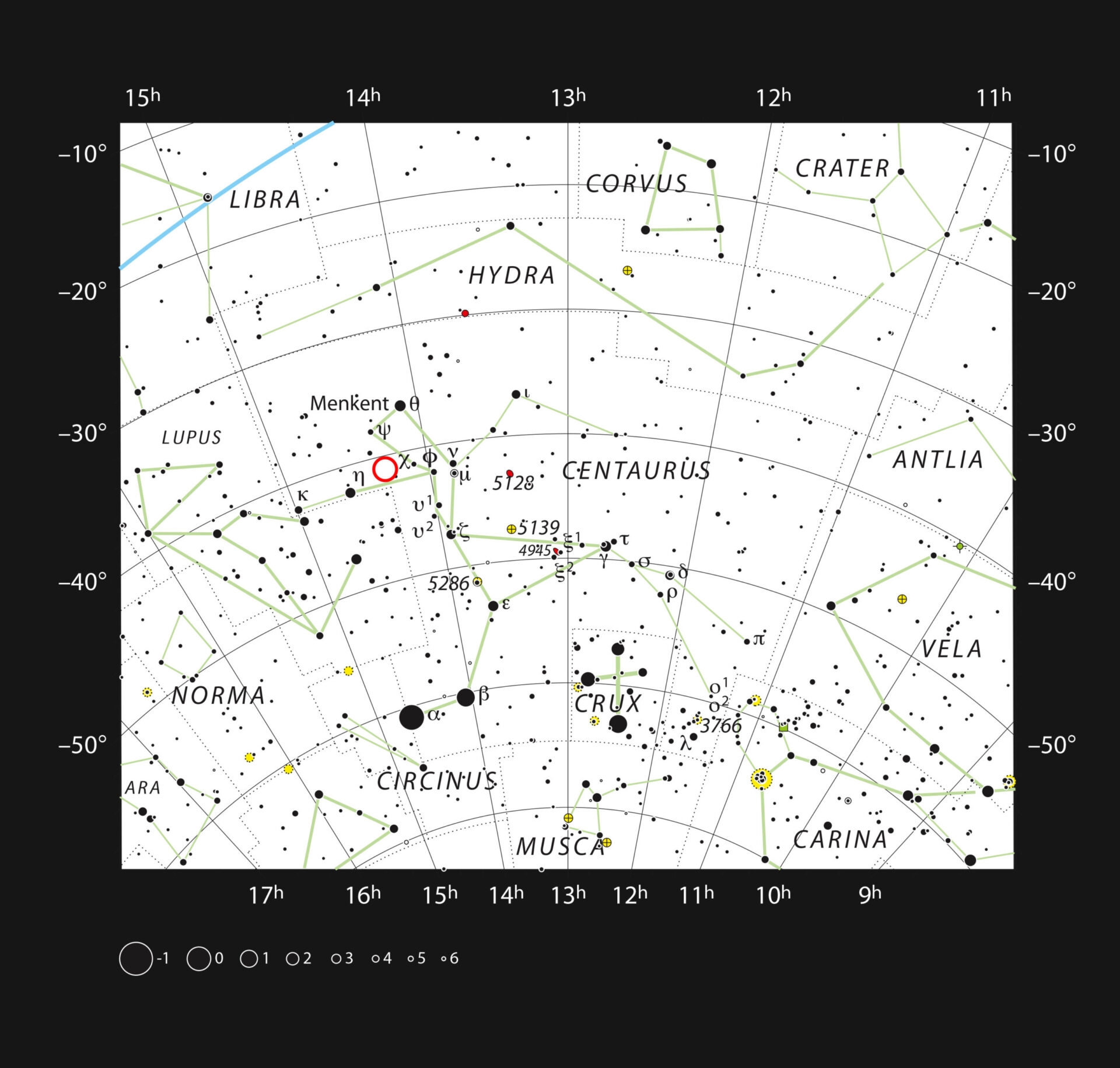 <p>Este mapa muestra la constelación meridional de Centauro y destaca la mayoría de las estrellas que son visibles a simple vista en una noche despejada.  La estrella enana PDS 70 está marcada con un círculo rojo.</p>
<p>Crédito:<br />
ESO, IAU and Sky & Telescope</p>
