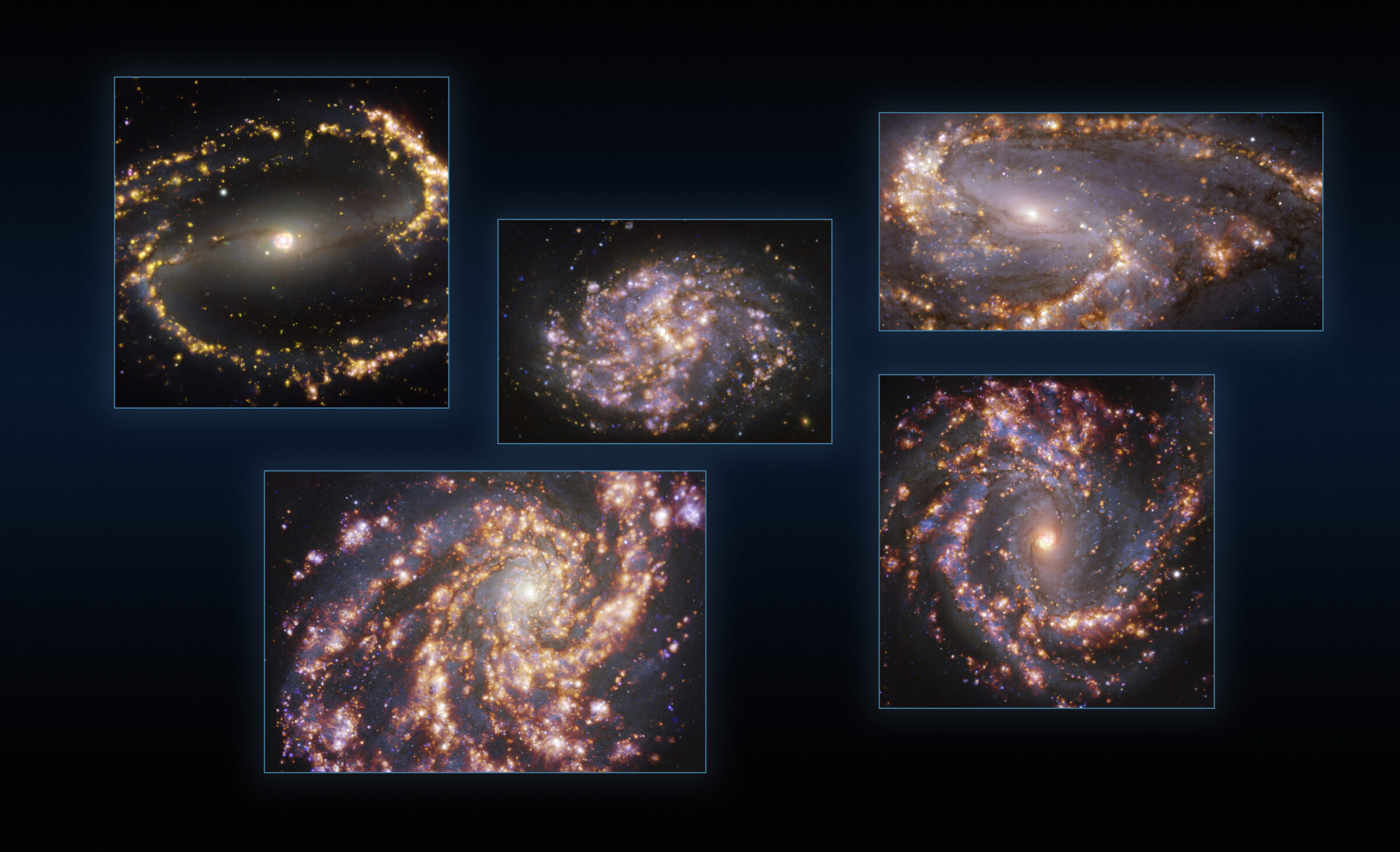 Five galaxies as seen with MUSE on ESO’s VLT at several wavele