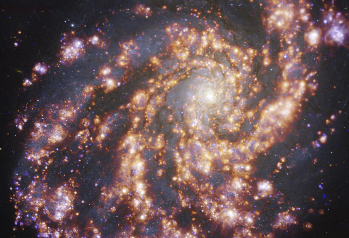 Esta imagen, tomada con el instrumento MUSE (Multi-Unit Spectroscopic Explorer, explorador espectroscópico multi-unidad), instalado en el Very Large Telescope (VLT) de ESO, muestra la galaxia cercana NGC 4254. NGC 4254 es una galaxia espiral de gran diseño localizada aproximadamente a 45 millones de años luz de la Tierra, en la constelación de Coma Berenices. La imagen es una combinación de observaciones realizadas en diferentes longitudes de onda de luz para mapear poblaciones estelares y gas caliente. Los resplandores dorados corresponden principalmente a nubes de hidrógeno ionizado, oxígeno y gas de azufre, lo cual marca la presencia de estrellas recién nacidas, mientras que las regiones azuladas del fondo revelan la distribución de estrellas ligeramente más viejas. La imagen fue tomada como parte del proyecto Physics at High Angular resolution in Nearby GalaxieS (PHANGS), que realiza observaciones de alta resolución de galaxias cercanas con telescopios que operan en todo el espectro electromagnético. Crédito: ESO/PHANGS