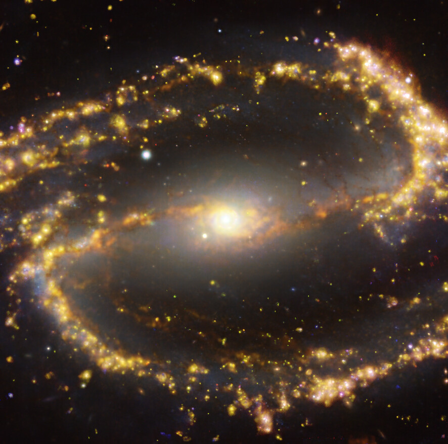 Esta imagen de la cercana galaxia NGC 1300 se obtuvo combinando las observaciones realizadas con el instrumento MUSE (Multi-Unit Spectroscopic Explorer, explorador espectroscópico multi-unidad), instalado en el Very Large Telescope (VLT) de ESO y con el Atacama Large Millimeter/submillimeter Array (ALMA), del que ESO es socio. NGC 1300 es una galaxia espiral, con una barra de estrellas y gas en su centro, situada a unos 61 millones de años luz de la Tierra, en la constelación de Eridanus. La imagen es una combinación de observaciones realizadas en diferentes longitudes de onda de luz para mapear poblaciones estelares y gas. Las observaciones de ALMA están representadas en tonos parduzco-anaranjados y resaltan las nubes de gas molecular frío que proporcionan la materia prima a partir de la cual se forman las estrellas. Los datos de MUSE aparecen principalmente en dorado y azul. Los intensos resplandores dorados indican nubes cálidas formadas principalmente por hidrógeno ionizado, oxígeno y gas de azufre, lo que indica la presencia de estrellas recién nacidas, mientras que las regiones azuladas revelan la distribución de estrellas ligeramente más antiguas. La imagen fue tomada como parte del proyecto Physics at High Angular resolution in Nearby GalaxieS (PHANGS), que realiza observaciones de alta resolución de galaxias cercanas con telescopios que operan en todo el espectro electromagnético. Crédito: ESO/ALMA (ESO/NAOJ/NRAO)/PHANGS