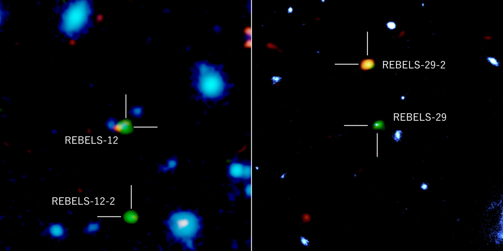 <p>Distant galaxies imaged with ALMA, the Hubble Space Telescope, and the European Southern Observatory’s VISTA telescope. Green and orange colors represent radiations from ionized carbon atoms and dust particles, respectively, observed with ALMA, and blue represents near-infrared radiation observed with VISTA and Hubble Space Telescopes.  REBELS-12 and REBELS-29 detected both near-infrared radiation and radiation from ionized carbon atoms and dust. On the other hand, REBELS-12-2 and REBELS-29-2 have not been detected in the near-infrared, which suggests that these galaxies are deeply buried in dust. Credit: ALMA (ESO/NAOJ/NRAO), NASA/ESA Hubble Space Telescope, ESO, Fudamoto et al.</p>
