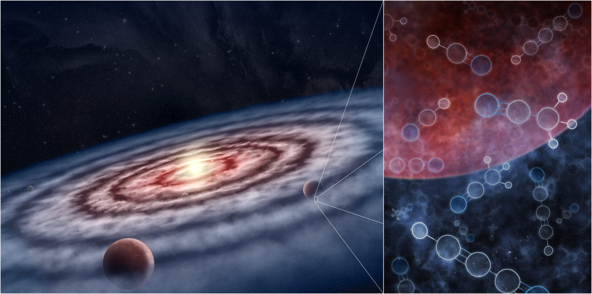 <p>In this artist's conception, planets form from the gas and dust in the protoplanetary disk surrounding the young star. The gas is made up of many different molecules, including hydrogen cyanide and more complex nitriles—linked to the development of life on Earth—and other organic and inorganic compounds. From simple organic compounds to the more complex, the soup of molecules in a particular location in the disk shapes the future of the planet forming there, and determines whether or not that planet could support life as we know it. Credit: M.Weiss/Center for Astrophysics | Harvard & Smithsonian</p>
