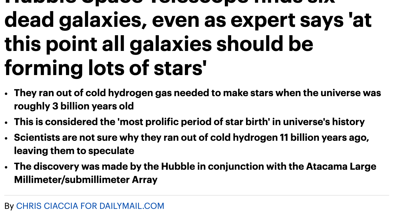 Hubble Space Telescope finds six dead galaxies, even as expert says 'at this point all galaxies should be forming lots of stars'