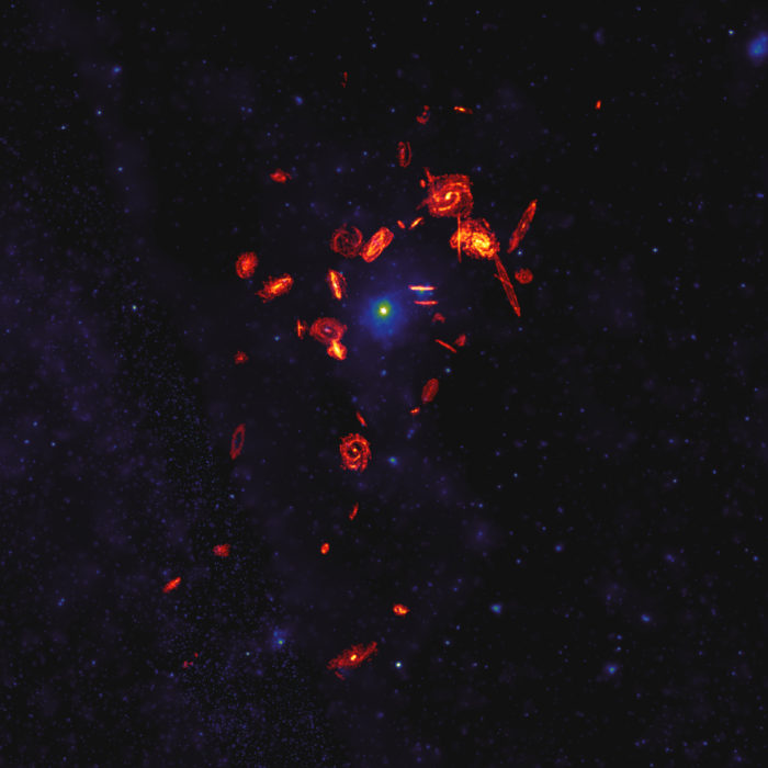 En el marco de la campaña de observación Virgo Environment Traced in Carbon Monoxide (VERTICO) se observaron las nubes de gas de 51 galaxias del cúmulo cercano de Virgo y se reveló que el ambiente extremo en el que se encuentra estaba extinguiendo las galaxias al despojarlas del combustible que usan para forjar estrellas. En esta Imagen compuesta, las observaciones de los discos de gas molecular de las galaxias de VERTICO realizadas por ALMA en longitudes de onda de radio están ampliadas en un factor de 20 y superpuestas a la imagen del plasma caliente del cúmulo de Virgo observado en rayos X. Créditos: ALMA (ESO/NAOJ/NRAO)/S. Dagnello (NRAO)/Böhringer et al. (ROSAT All-Sky Survey)