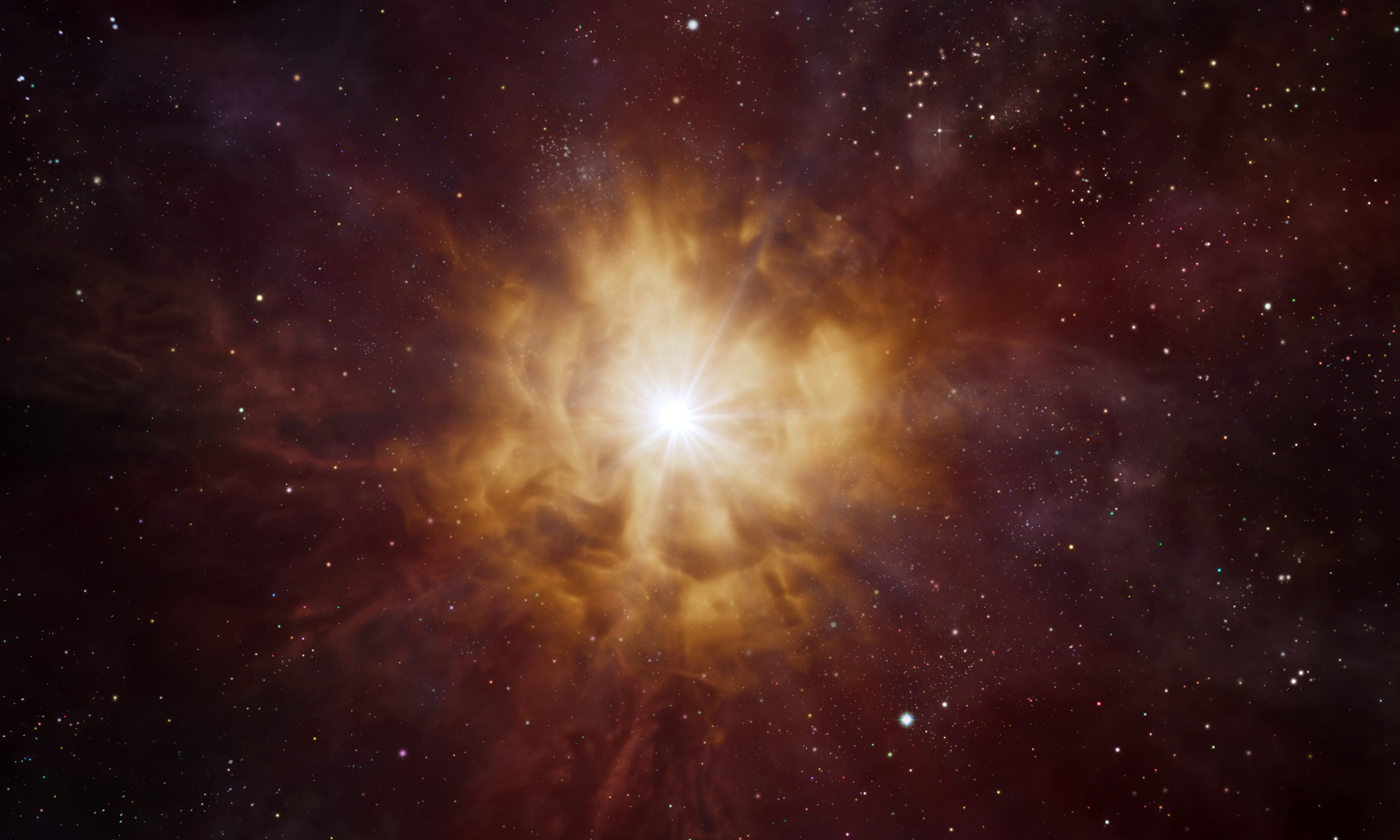 Esta impresión artística muestra el núcleo brillante de una estrella Wolf Rayet, rodeado por una nebulosa de material expulsado por la estrella misma. Las estrellas Wolf-Rayet son masivas y calientes, con un ciclo de vida de unos pocos millones de años. Se piensa que finalizan en dramáticas explosiones de supernovas, expulsando los elementos que se forjaron en sus núcleos hacia el cosmos. Crédito: ESO/L. Calçada