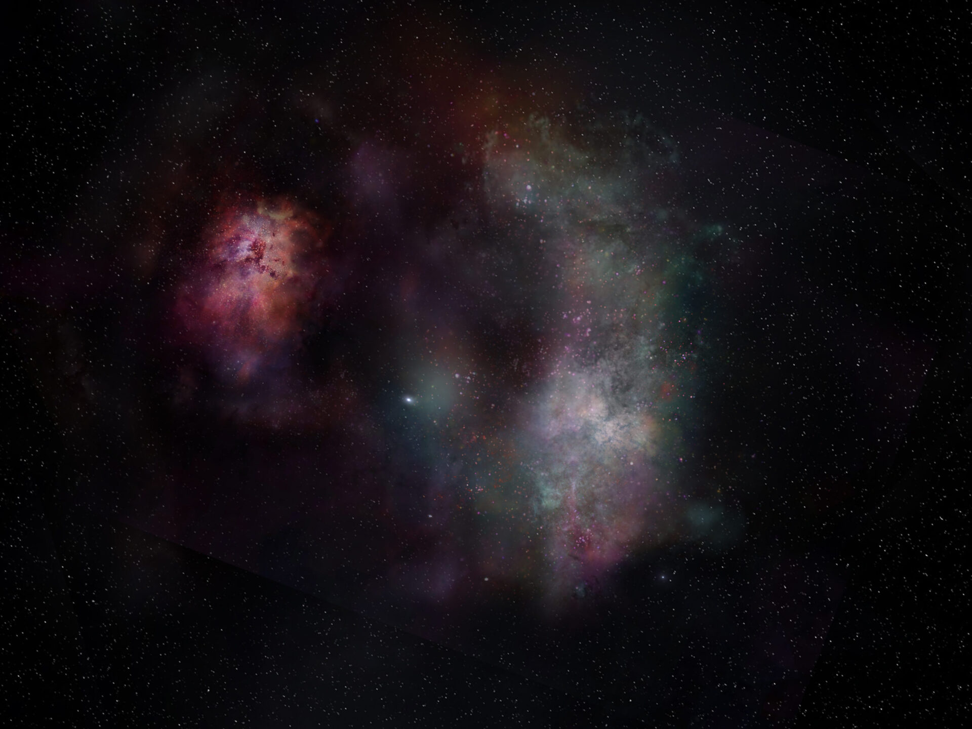 <p>Esta representación artística muestra el continuo de polvo y las líneas moleculares del monóxido de carbono y el agua observadas en la pareja de galaxias conocida como SPT0311-58. Los datos de ALMA revelaron cantidades abundantes de CO y H2O en la galaxia más grande, lo cual implica que el Universo molecular ya estaba muy activo al poco tiempo de que surgieron estos elementos.<br />
Créditos: ALMA (ESO/NAOJ/NRAO) /S. Dagnello (NRAO)</p>
