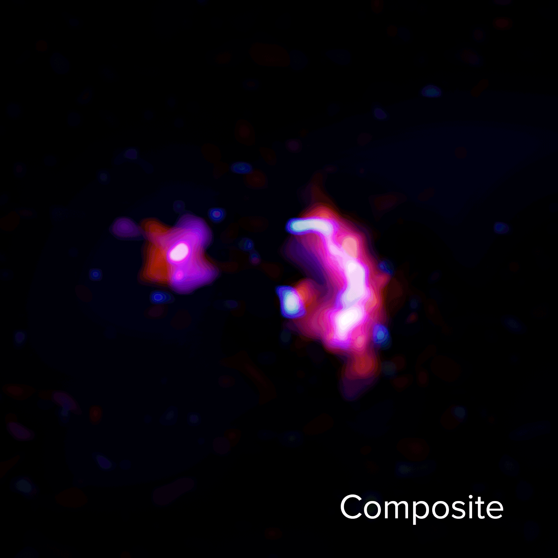 Esta imagen animada muestra el continuo de polvo y las líneas moleculares observadas por ALMA en la pareja de jóvenes galaxias masivas conocida como SPT0311-58. La animación empieza con una combinación del continuo de polvo y las líneas moleculares de H2O y CO. A continuación, se aprecia el continuo de polvo representado en rojo, las líneas moleculares de H2O en azul, las líneas moleculares de monóxido de carbono (10-9) en rosado y azul oscuro, las líneas moleculares de monóxido de carbono (7-6) en magenta y las líneas moleculares de monóxido de carbono (6-5) en morado. Créditos: ALMA (ESO/NAOJ/NRAO) /S. Dagnello (NRAO)