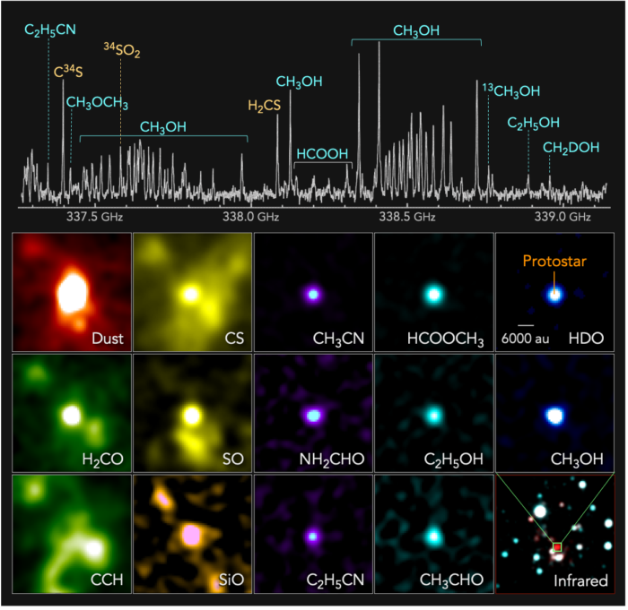 Top: Radio spectrum of a protostar in the extreme outer Galaxy discovered with ALMA. Bottom: Distributions of radio emissions from the protostar. Emissions from dust, formaldehyde (H2CO), ethynylradical (CCH), carbon monosulfide (CS), sulfur monoxide (SO), silicon monoxide (SiO), acetonitrile (CH3CN), formamide (NH2CHO), propanenitrile (C2H5CN), methyl formate (HCOOCH3), ethanol (C2H5OH), acetaldehyde (CH3CHO), deuterated water (HDO), and methanol (CH3OH) are shown as examples. In the bottom right panel, an infrared 2-color composite image of the surrounding region is shown (red: 2.16 m and blue: 1.25 m, based on 2MASS data). Credit: ALMA (ESO/NAOJ/NRAO), T. Shimonishi (Niigata University)