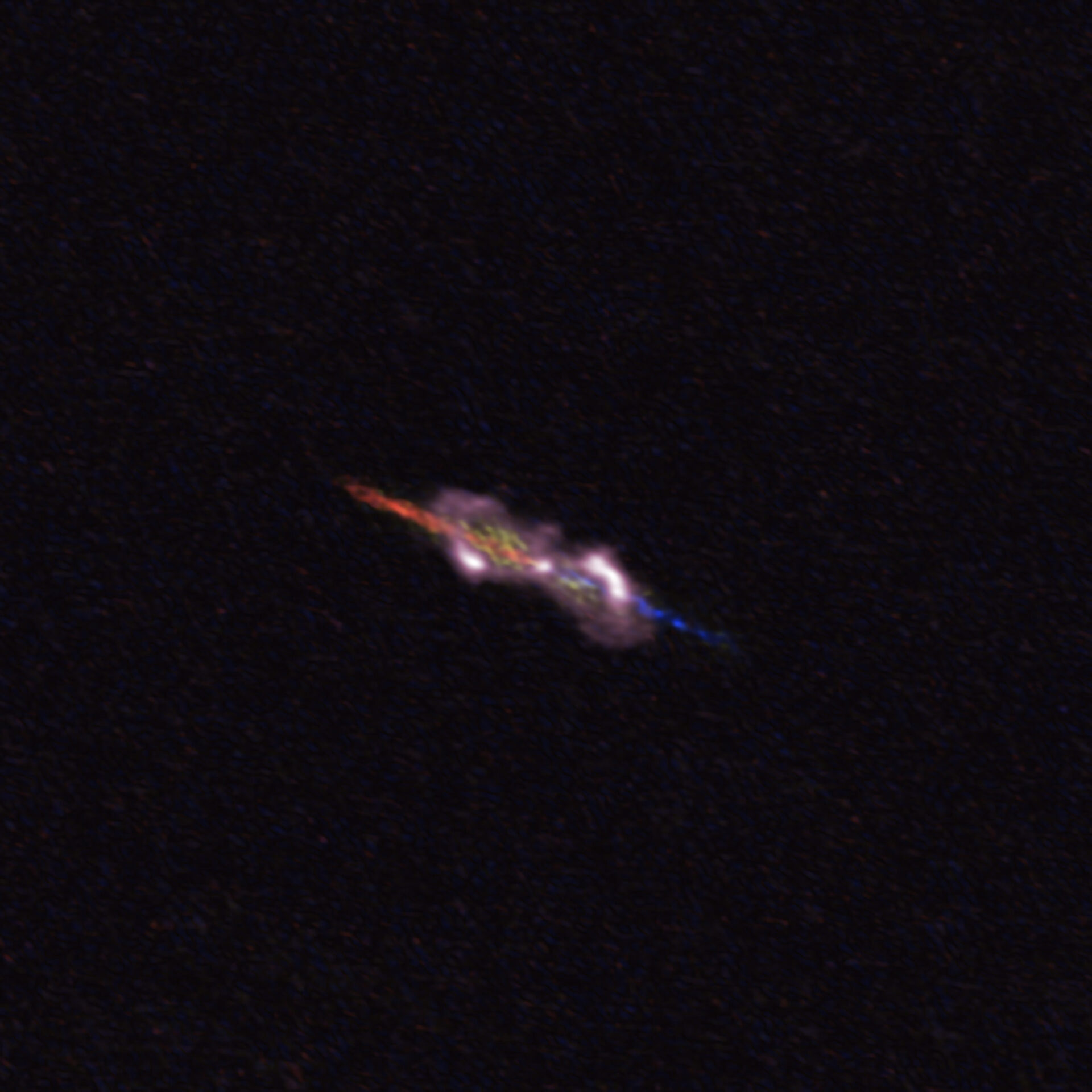 <p>La imagen de ALMA del sistema estelar Fuente de agua W43A se encuentra a unos 7000 años luz de la Tierra en la constelación de Aquila, el Águila. La estrella doble en su centro es demasiado pequeña para ser visible en esta imagen. Sin embargo, las mediciones de ALMA muestran que la interacción de las estrellas ha cambiado su entorno inmediato. Los dos chorros expulsados de las estrellas centrales se ven en azul (acercándose) y rojo (alejándose). Las nubes polvorientas arrastradas por los chorros se muestran en rosa. Crédito: ALMA (ESO / NAOJ / NRAO), D. Tafoya et al.</p>
