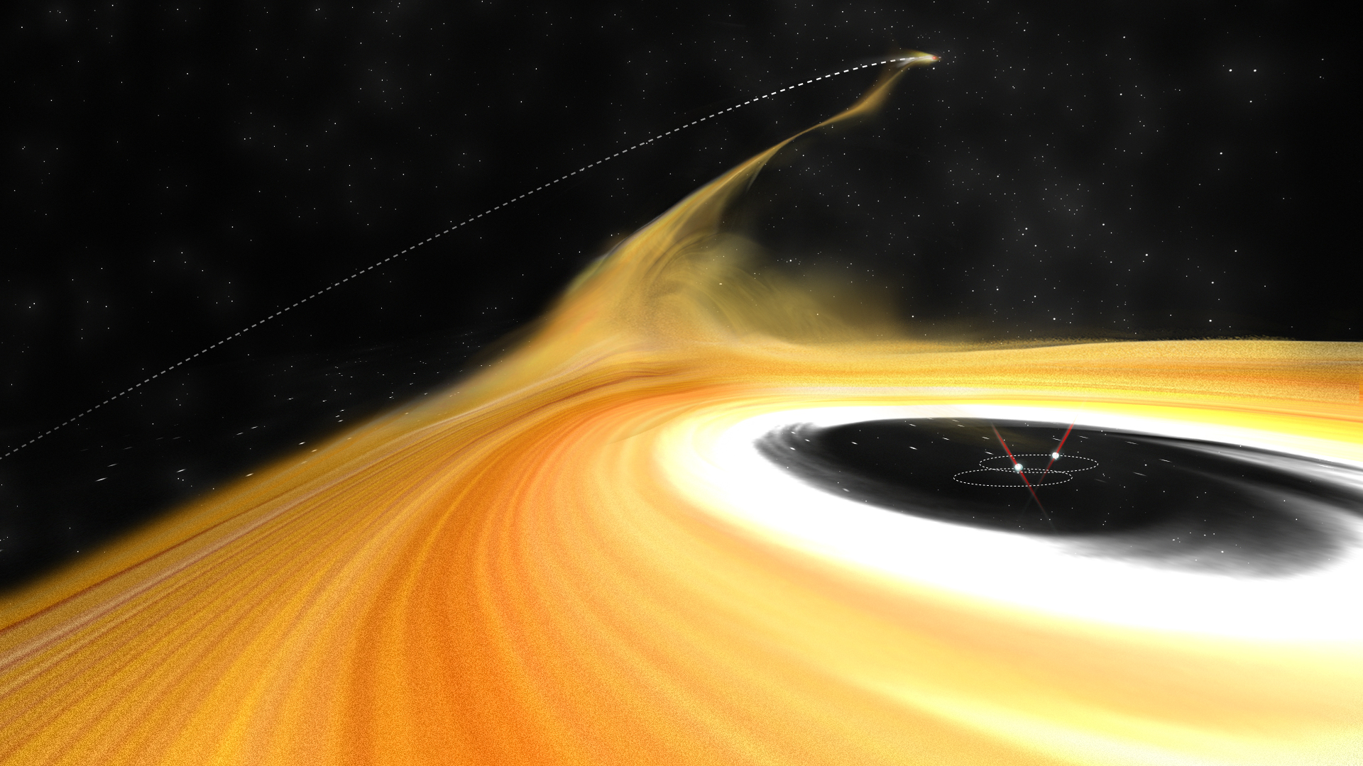 <p>Scientists have captured an intruder object disrupting the protoplanetary disk—birthplace of planets—in Z Canis Majors (Z CMa), a star in the Canis Majoris constellation. This artist’s impression shows the perturber leaving the star system, pulling a long stream of gas from the protoplanetary disk along with it. Observational data from the Subaru Telescope, Karl G. Jansky Very Large Array, and Atacama Large Millimeter/submillimeter Array suggest the intruder object was responsible for the creati on of these gaseous streams, and its “visit” may have other as yet unknown impacts on the growth and development of planets in the star system.</p>
<p>Credit: ALMA (ESO/NAOJ/NRAO), B. Saxton (NRAO/AUI/NSF)</p>
