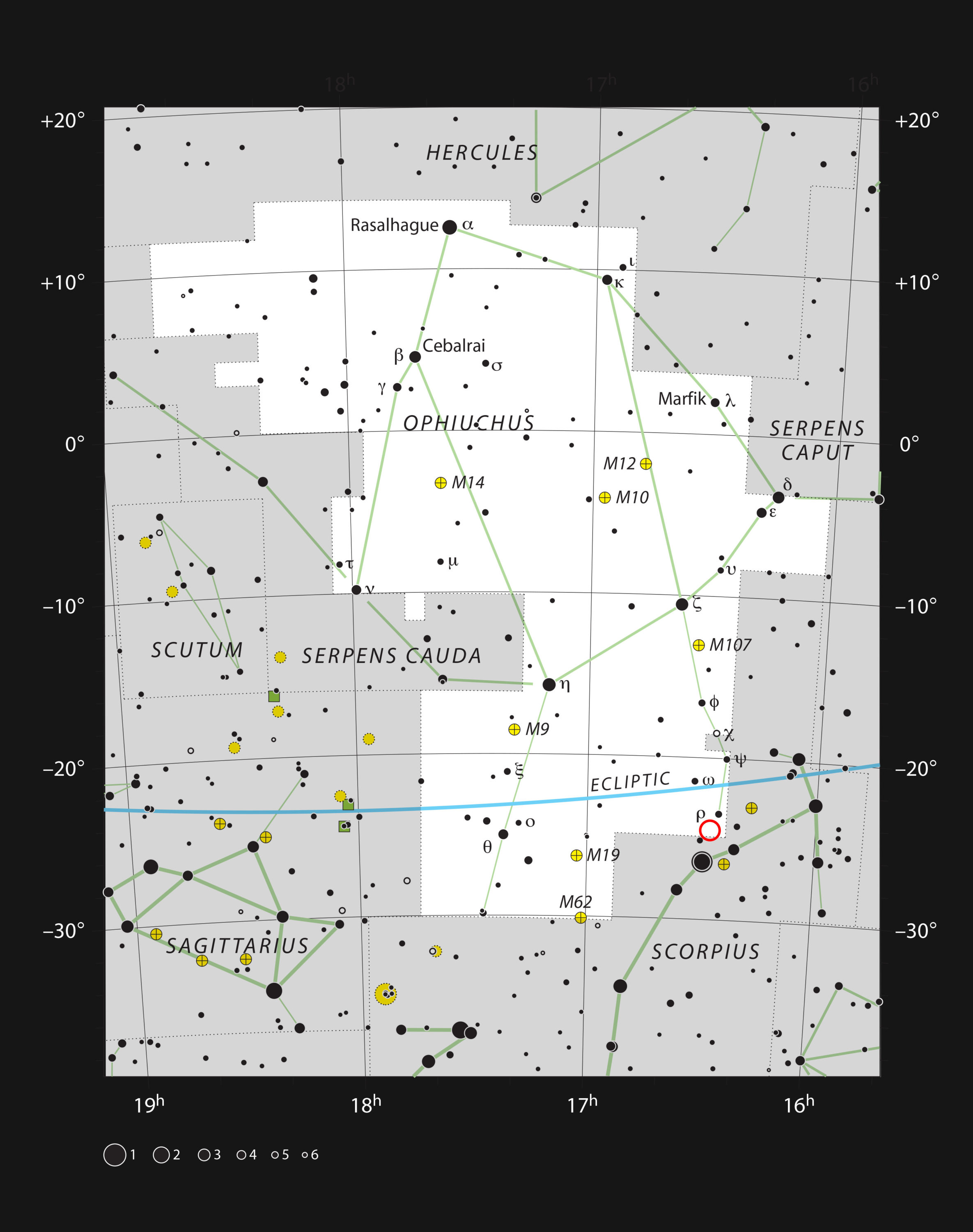 Este mapa muestra la gran constelación de Ophiuchus (El Portador de la Serpiente). Las estrellas que pueden verse a ojo en una noche clara están marcadas. La ubicación del sistema Oph-IRS 48 se indica con un círculo rojo. Crédito: ESO, IAU and Sky & Telescope