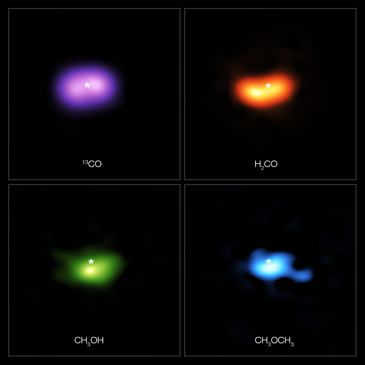 Estas imágenes del Atacama Large Millimeter/submillimeter Array (ALMA) muestran dónde se detectaron varias moléculas de gas en el disco que hay alrededor de la estrella IRS 48, también conocida como Oph-IRS 48. El disco contiene una región en forma de anacardos en su parte sur que atrapa granos de polvo de tamaño milimétrico- estos granos pueden unirse y convertirse en objetos del tamaño de un kilómetro como cometas, asteroides y, potencialmente, incluso planetas. Observaciones recientes detectaron varias moléculas orgánicas complejas en esta región, incluyendo formaldehído (H2CO; naranja), metanol (CH3OH; verde) y dimetil éter (CH3OCH3; azul), siendo esta última la molécula más grande encontrada en un disco de formación planetaria hasta la fecha. La emisión que indica la presencia de estas moléculas es claramente más fuerte en la trampa de polvo del disco, mientras que el gas de monóxido de carbono (CO; púrpura) está presente en todo el disco de gas. La ubicación de la estrella central está marcada con una estrella en las cuatro imágenes. La trampa de polvo es aproximadamente del mismo tamaño que el área ocupada por la emisión de metanol, que se muestra en la parte inferior izquierda. Crédito: ALMA (ESO/NAOJ/NRAO)/A. Pohl, van der Marel et al., Brunken et al.