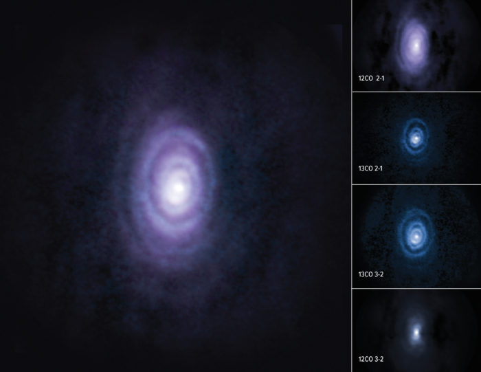 Scientists studying the dying carbon-rich star V Hya have discovered six slowly expanding rings forming as the star expels its matter. Shown here in composite, these outflowing rings and the diffuse arc structure of the sixth ring are moderately visible in the 12CO carbon isotope emission line, and become well-defined in views of the 13CO carbon isotopes. These rings are part of a previously unknown story about the death of stars, and are helping scientists to unravel what happens in the “final act.” Credit: ALMA (ESO/NAOJ/NRAO)/S. Dagnello (NRAO/AUI/NSF)