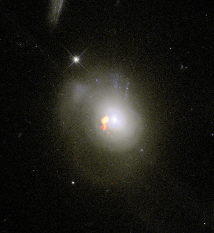 Los científicos descubrieron que las galaxias post brotes estelares (PSB, en su sigla en inglés) que estudiaron no se comportaban como esperaban. Se creía que las galaxias PSB se despojaban de su gas hasta quedar inertes, pero las nuevas observaciones revelaron que estas galaxias en realidad conservan su gas y lo compactan cerca de su centro. La galaxia PSB 0379.579.51789 es la excepción del estudio. En este caso, los datos de radio superpuestos a las imágenes ópticas obtenidas con el telescopio espacial Hubble revelaron que si bien la galaxia conservaba el gas necesario para producir estrellas, este se encontraba fuera de su centro. Créditos: ALMA (ESO/NAOJ/NRAO) / S. Dagnello (NRAO/AUI/NSF)