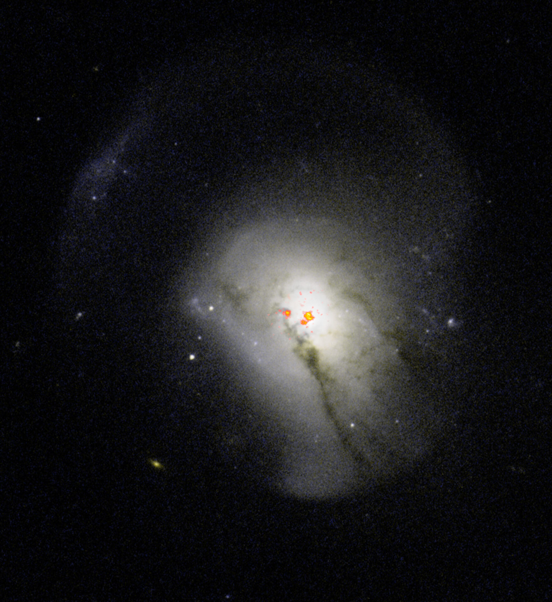 <p>Post-starburst galaxies were previously believed to expel all of their molecular gas, a behavior that caused them to stop forming stars. New observations have revealed that these galaxies actually hold onto and condense star-forming fuel near their centers and then don't use it to form stars. Here, radio data of PSB 0570.537.52266 overlaid on optical images from the Hubble Space Telescope show the dense collection of gas near the galaxy's center. Credit: ALMA (ESO/NAOJ/NRAO) / S. Dagnello (NRAO/AUI/NSF)</p>
