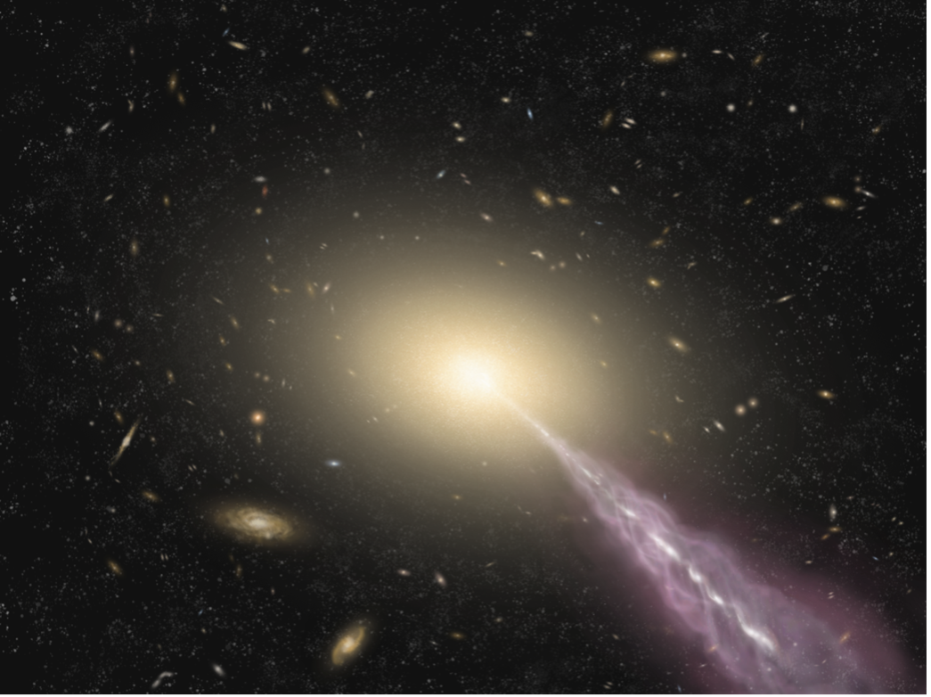 <p>Representación artística de una galaxia gigante con un chorro altamente energético. Crédito: ALMA (ESO/NAOJ/NRAO)</p>
