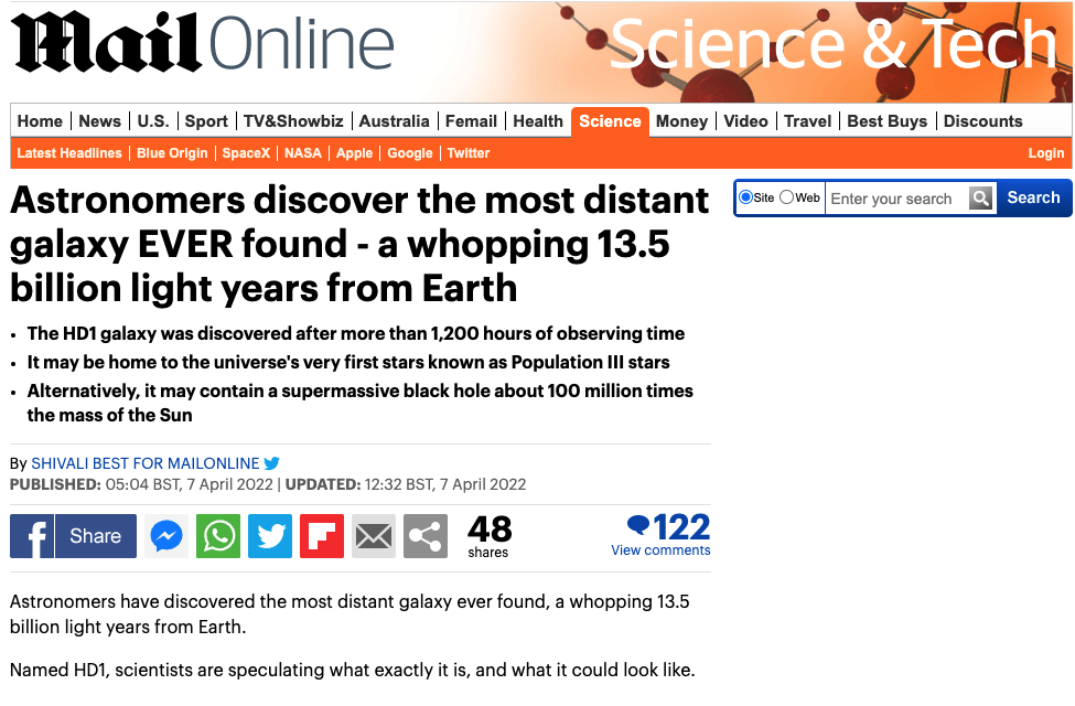 Astronomers discover the most distant galaxy EVER found - a whopping 13.5 billion light years from Earth