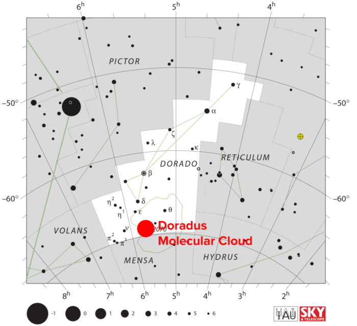 30 Doradus es una gran incubadora de estrellas ubicada en la Gran Nube de Magallanes, en el corazón de la Nebulosa de la Tarántula. Está aproximadamente a 170.000 años luz de distancia de la Tierra. Crédito: IAU/Sky & Telescope