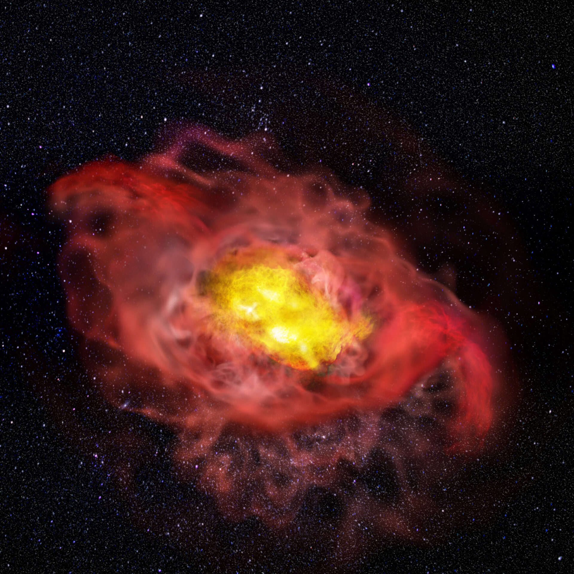 <p>This artist’s conception illustrates the previously unknown complexity of the young galaxy, A1689-zD1. Reaching far beyond the center of the galaxy, shown here in pink, is an abundant halo of cold carbon gas. For scientists, this uncommon feature indicates that the galaxy may be much larger than previously believed and that early stages of normal galaxy formation may have been more active and dynamic than theorized. To the upper left and lower right are outflows of hot, ionized gas pushing outward from the center of the galaxy, shown here in red. Scientists believe it is possible that these outflows have something, though they don’t yet know what, to do with the presence of cold carbon gas in the outer reaches of the galaxy. Credit: ALMA (ESO/NAOJ/NRAO), B. Saxton (NRAO/AUI/NSF)</p>
