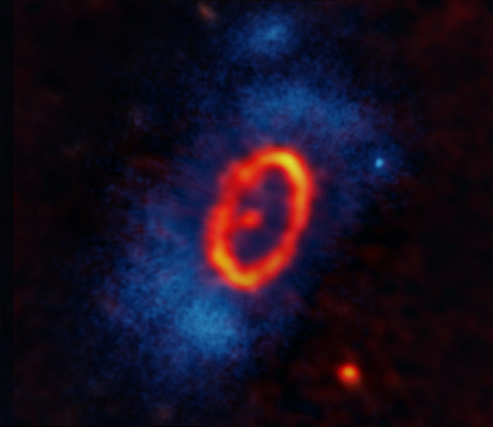 Imagen compuesta del sistema estelar HD 53143. Los datos recabados por el Atacama Large Millimeter/submillimeter Array (ALMA), mostrados en naranja y rojo, revelaron por primera vez un disco de escombros con forma de elipsis y excéntrico orbitando alrededor de HD 53143. Un punto sin resolver representa la estrella excéntrica cerca del foco sur del disco, mientras que un segundo punto sin resolver hacia el norte indica la posible presencia de un planeta. En azul y blanco se muestran los datos ópticos de la cámara coronagráfica avanzada del telescopio espacial Hubble. Una máscara coronagráfica bloquea la luz para permitir al equipo de investigación ver lo que sucede alrededor de HD 53143. Créditos: ALMA(ESO/NAOJ/NRAO), M. MacGregor (U. Colorado Boulder); NASA/ESA Hubble, P. Kalas (UC Berkeley); S. Dagnello (NRAO/AUI/NSF)