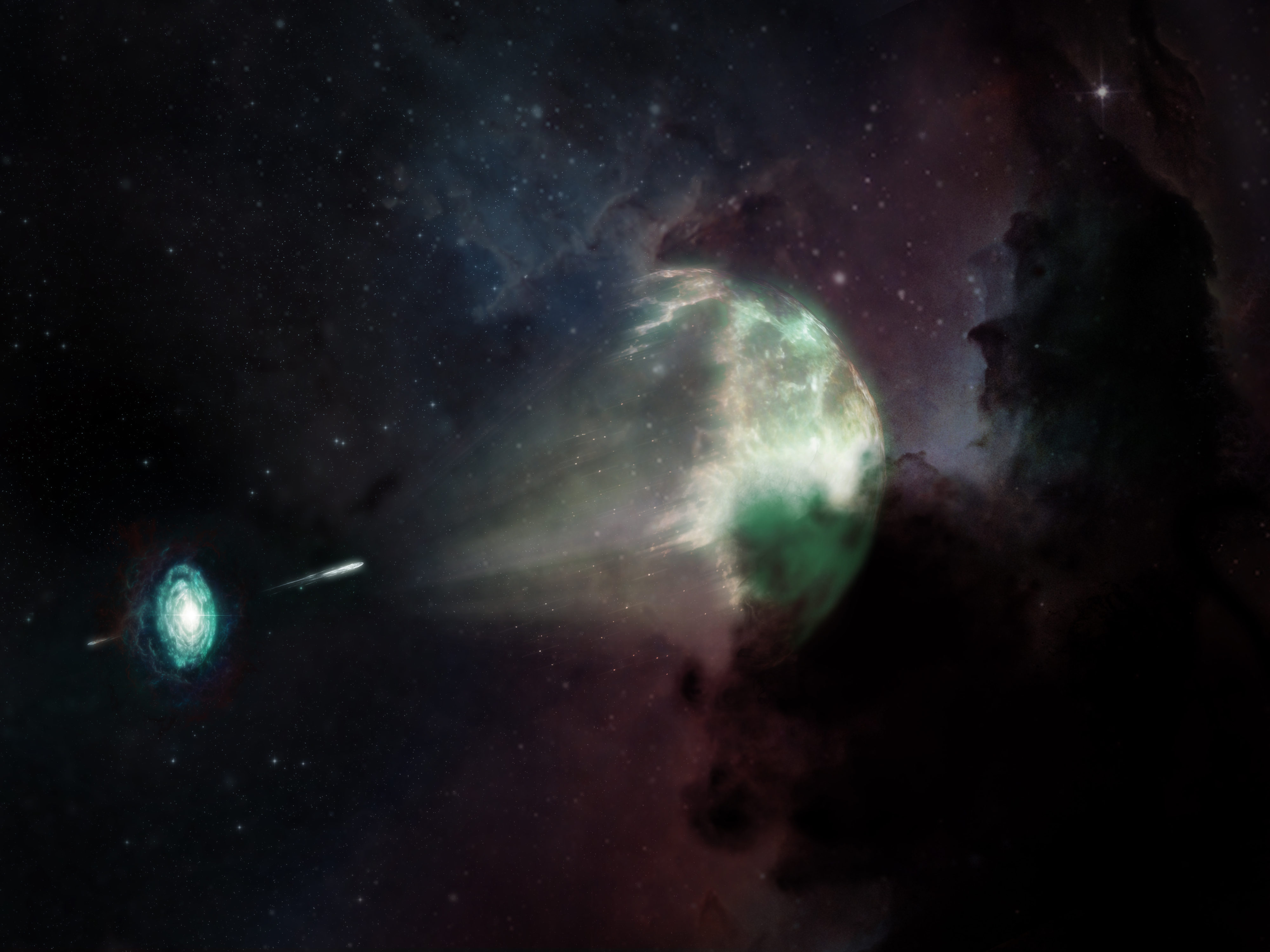 Por primera vez en la historia de la radioastronomía, se detectó luz en longitudes de onda milimétricas proveniente de un destello de rayos gamma de corta duración. En esta representación artística se aprecia la fusión de una estrella de neutrones con otra estrella (en forma de disco, abajo a la izquierda) que causó una explosión de la que emanó el destello de rayos gamma de corta duración GRB 211106A (chorro blanco en el centro) y que dejó una de las luminiscencias residuales más brillantes observadas a la fecha (onda de choque semiesférica en la zona centro-derecha). Mientras el polvo de la galaxia anfitriona oscureció la mayor parte de la luz visible (mostrada en colores), la luz milimétrica del fenómeno (representada en verde) pudo atravesarlo y llegar hasta el Atacama Large Millimeter/submillimeter Array (ALMA). De esa forma, la comunidad científica obtuvo una vista sin precedentes de la explosión cósmica. A partir de este estudio, se pudo confirmar que GRB 211106A es uno de los destellos de rayos gamma de corta duración más energéticos que se hayan observado. Créditos: ALMA (ESO/NAOJ/NRAO), M. Weiss (NRAO/AUI/NSF)