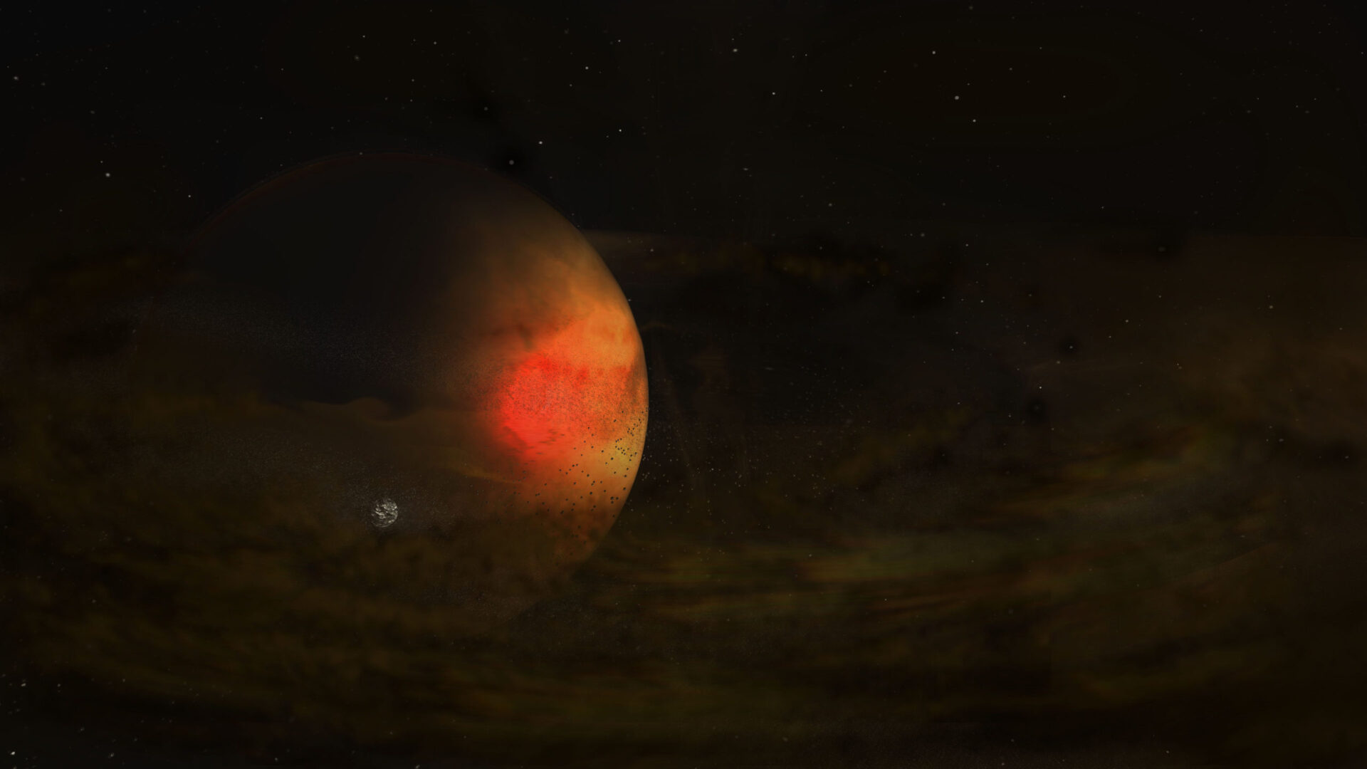 <p>Artist impression of the circumplanetary disk discovered in 2021 around a young planet in the PDS 70 star system. Credit: ALMA (ESO/NAOJ/NRAO), S. Dagnello (NRAO/AUI/NSF)</p>
