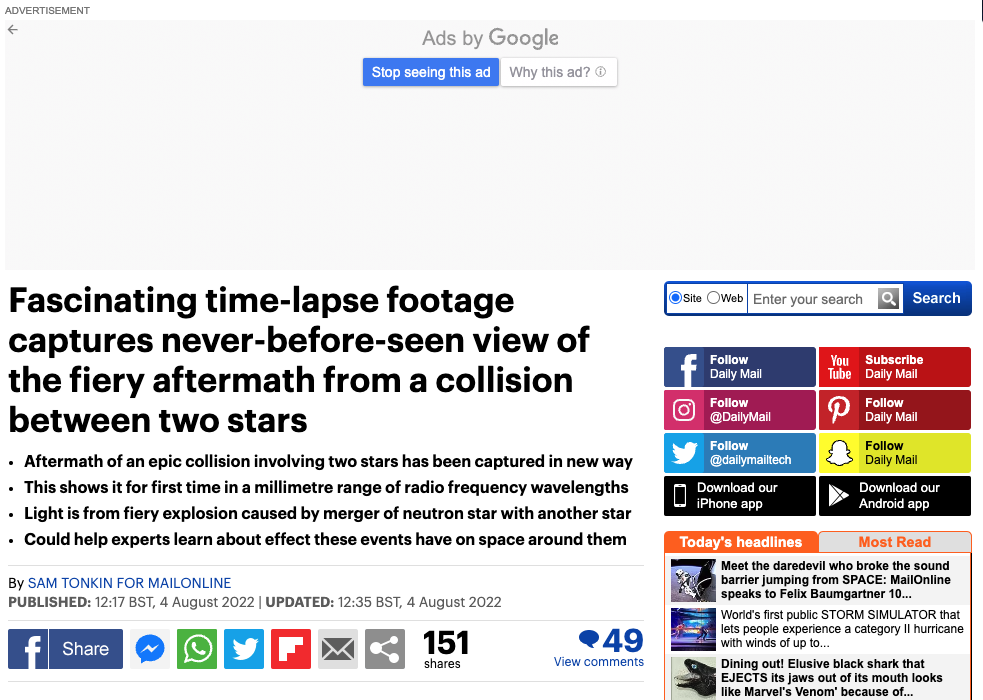 Fascinating time-lapse footage captures never-before-seen view of the fiery aftermath from a collision between two stars