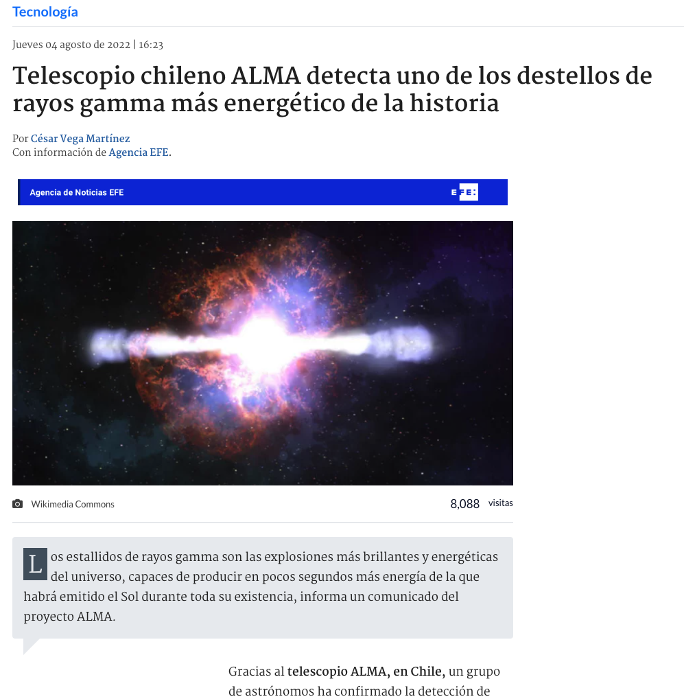 Telescopio chileno ALMA detecta uno de los destellos de rayos gamma más energético de la historia