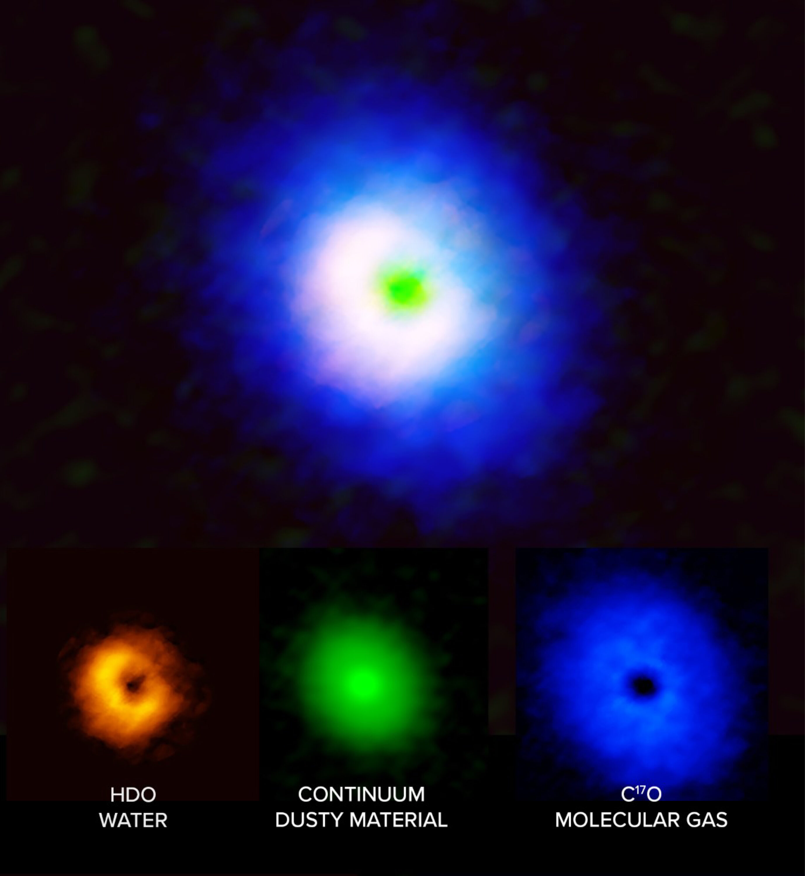 While searching for the origins of water in our Solar System, scientists homed in on V883 Orionis, a unique protostar located 1,305 light-years away from Earth. Unlike with other protostars, the circumstellar disk surrounding V883 Ori is just hot enough that the water in it has transformed from ice into gas, making it possible for scientists to study its compositions using radio telescopes like those at the Atacama Large Millimeter/submillimeter Array (ALMA). Radio observations of the protostar, revealed molecular gas (blue), water (orange), and a dust continuum (green) which suggests that the water on this protostar is extremely similar to the water on objects in our own Solar System, and may have similar origins. Credit: ALMA (ESO/NAOJ/NRAO), J. Tobin, B. Saxton (NRAO/AUI/NSF)