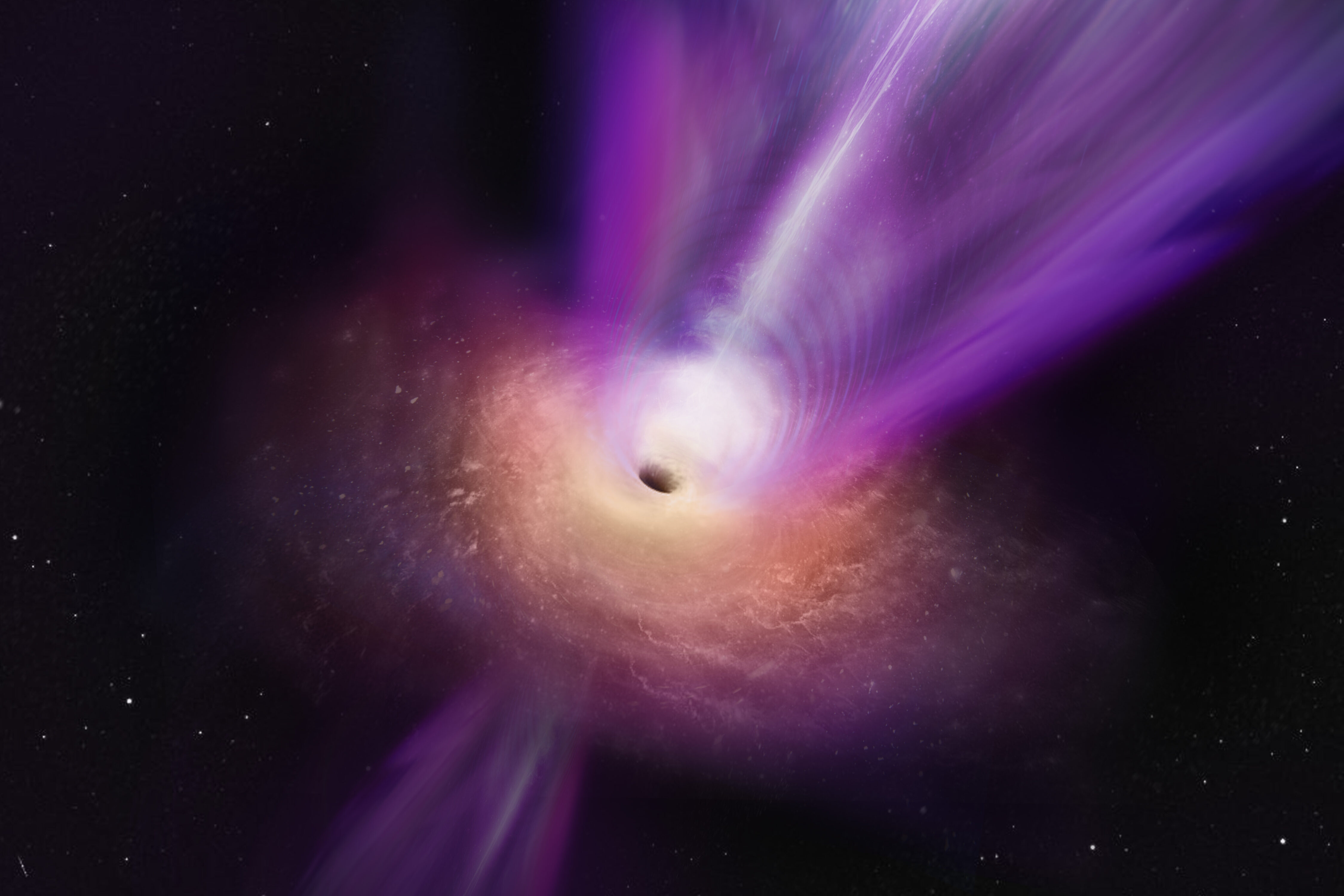 Scientists observing the compact radio core of M87 have discovered new details about the galaxy’s supermassive black hole. In this artist’s conception, the black hole’s massive jet is seen rising up from the centre of the black hole. The observations on which this illustration is based represent the first time that the jet and the black hole shadow have been imaged together, giving scientists new insights into how black holes can launch these powerful jets. Credit: S. Dagnello (NRAO/AUI/NSF)