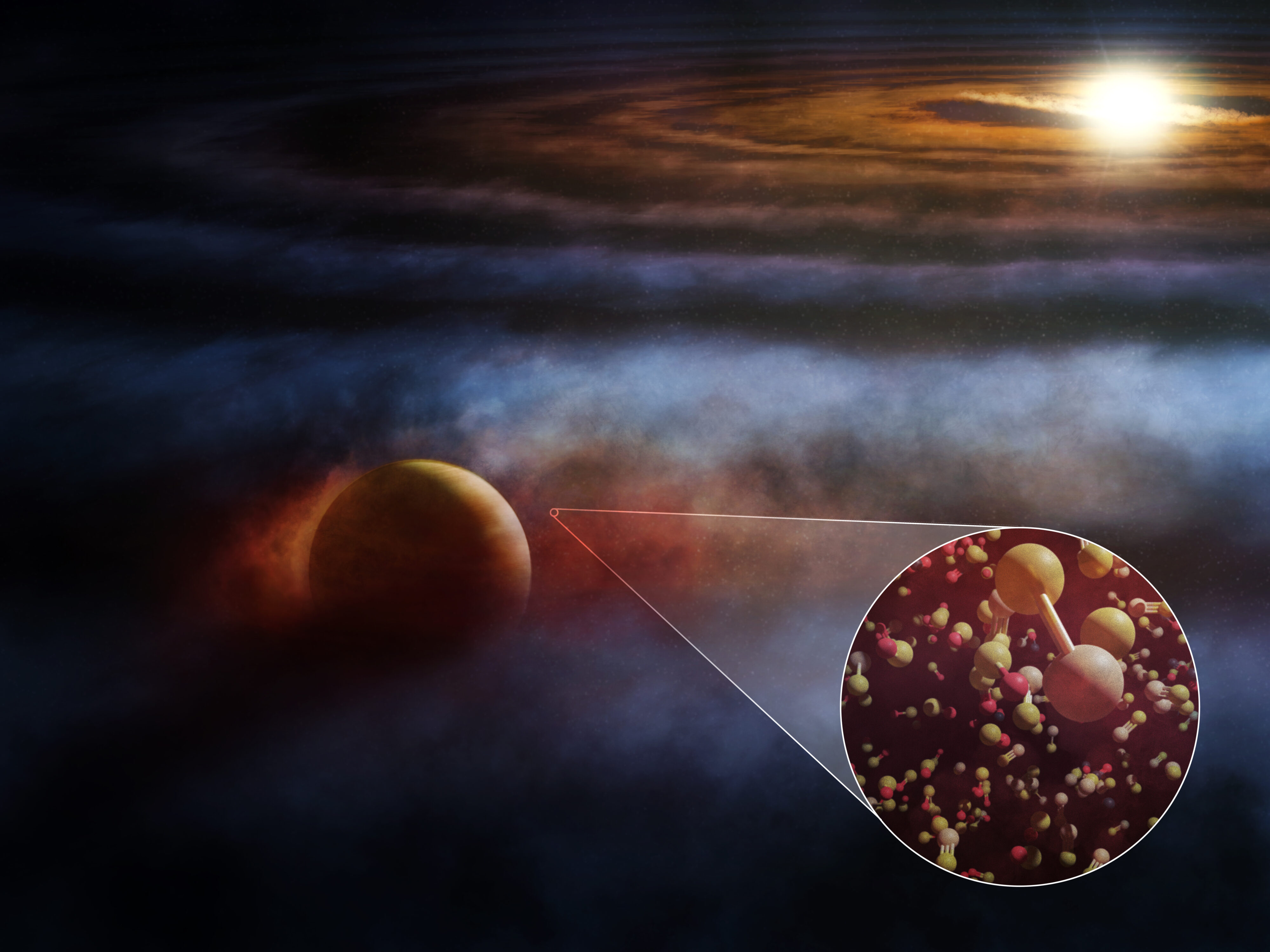 Located in the constellation Sagittarius, the young star HD 169142 is host to a giant protoplanet embedded within its dusty, gas-rich protoplanetary disk. This artist’s conception shows the Jupiter-like planet interacting with and heating nearby molecular gas, driving outflows seen in several emission lines, including those from shock-tracing molecules like SO and SiS, and the commonly seen 12CO and 13CO. [Not to scale] Credit: ALMA (ESO/NAOJ/NRAO), M. Weiss (NRAO/AUI/NSF)