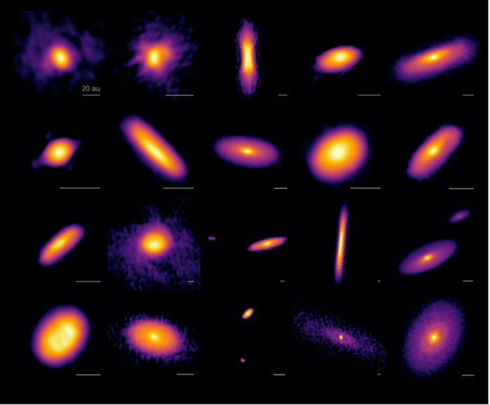 Images of disks around 19 protostars, including 4 binary systems observed with the ALMA. For 1 binary system, disks around the primary and secondary are presented independently (2nd line rightmost and 3rd line leftmost). Disks are presented in the order of their evolutionary sequence (the one in the upper-left corner is the youngest while the one at the lower-right corner is the oldest). The two oldest disks show faint ring-gap structures. A scale bar of 20 au (1 au corresponds to the distance between the Earth and the Sun, which is 150 million kilometer) is shown for each disk image. Credit: ALMA (ESO/NAOJ/NRAO), N. Ohashi et al.