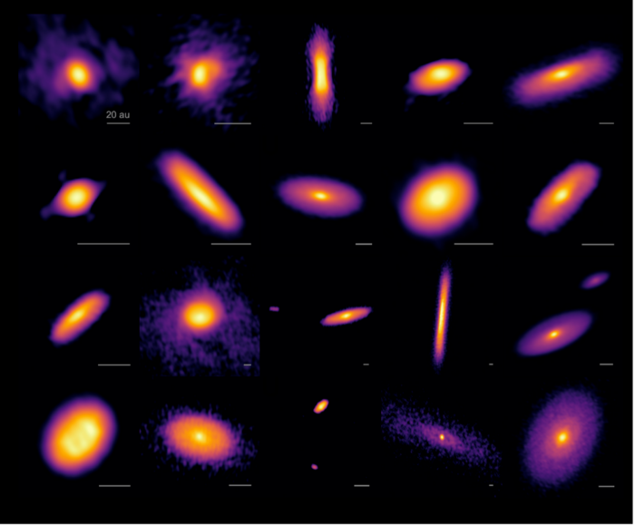 Imágenes de discos alrededor de 19 protoestrellas, incluidos 4 sistemas binarios, observados con ALMA. En un sistema binario, los discos alrededor de la estrella primaria y la secundaria se representan de forma independiente (segunda línea, última a la derecha, y tercera línea, primera a la izquierda). Los discos están representados por orden de etapa evolutiva (el de la esquina superior izquierda es el más joven, mientras que el de la esquina inferior derecha es el más evolucionado). Los dos discos más evolucionados presentan unos tenues surcos. Cada imagen está representada a una escala de 20 UA (1 UA corresponde a la distancia entre la Tierra y el Sol, a saber, 150 millones de kilómetros). Créditos: ALMA (ESO/NAOJ/NRAO), N. Ohashi et al.