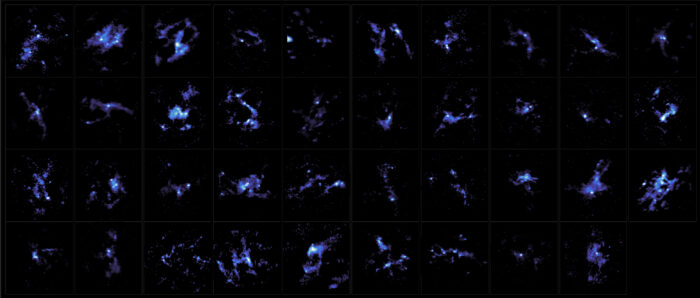 Mapa de emisiones de polvo de 39 objetos. Créditos: ALMA (ESO/NAOJ/NRAO), K. Morii et al.