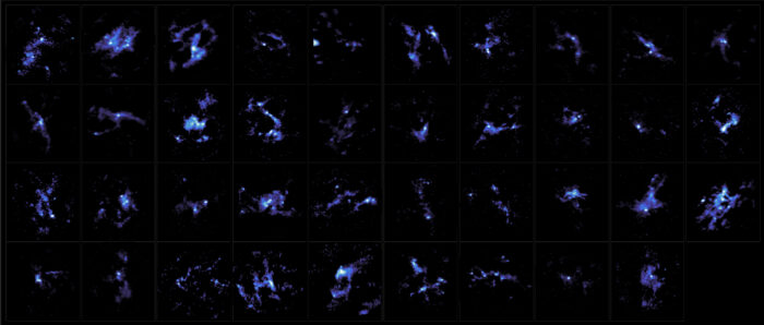 Mapa de emisiones de polvo de 39 objetos. Créditos: ALMA (ESO/NAOJ/NRAO), K. Morii et al.