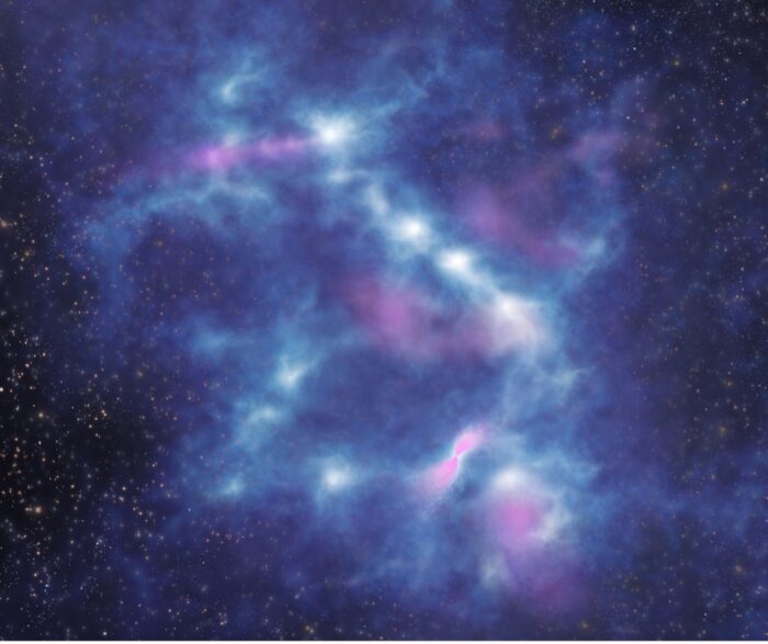 An artist’s view on the internal structure of an infrared dark cloud revealed by ALMA. The raw material for star formation consists of gas and dust. Here, the densest regions are represented in white and lower densities in blue-ish colors. Some protostars just formed eject gas in outflows, represented by the pink color. Credit: ALMA (ESO/NAOJ/NRAO), K. Morii et al.