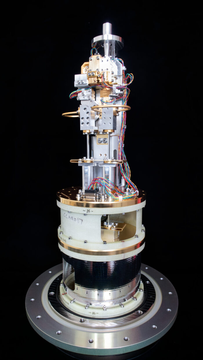 This image, courtesy of the NOVA sub-mm instrumentation group, shows the cold cartridge assembly for one of the ALMA Band 2 receivers. This component of the receiver operates at cryogenic temperature, while the warm cartridge assembly is at room temperature. Band 2 receivers pick up signals from the Universe with frequencies between 67 and 116 GHz. Credit: NOVA/ESO