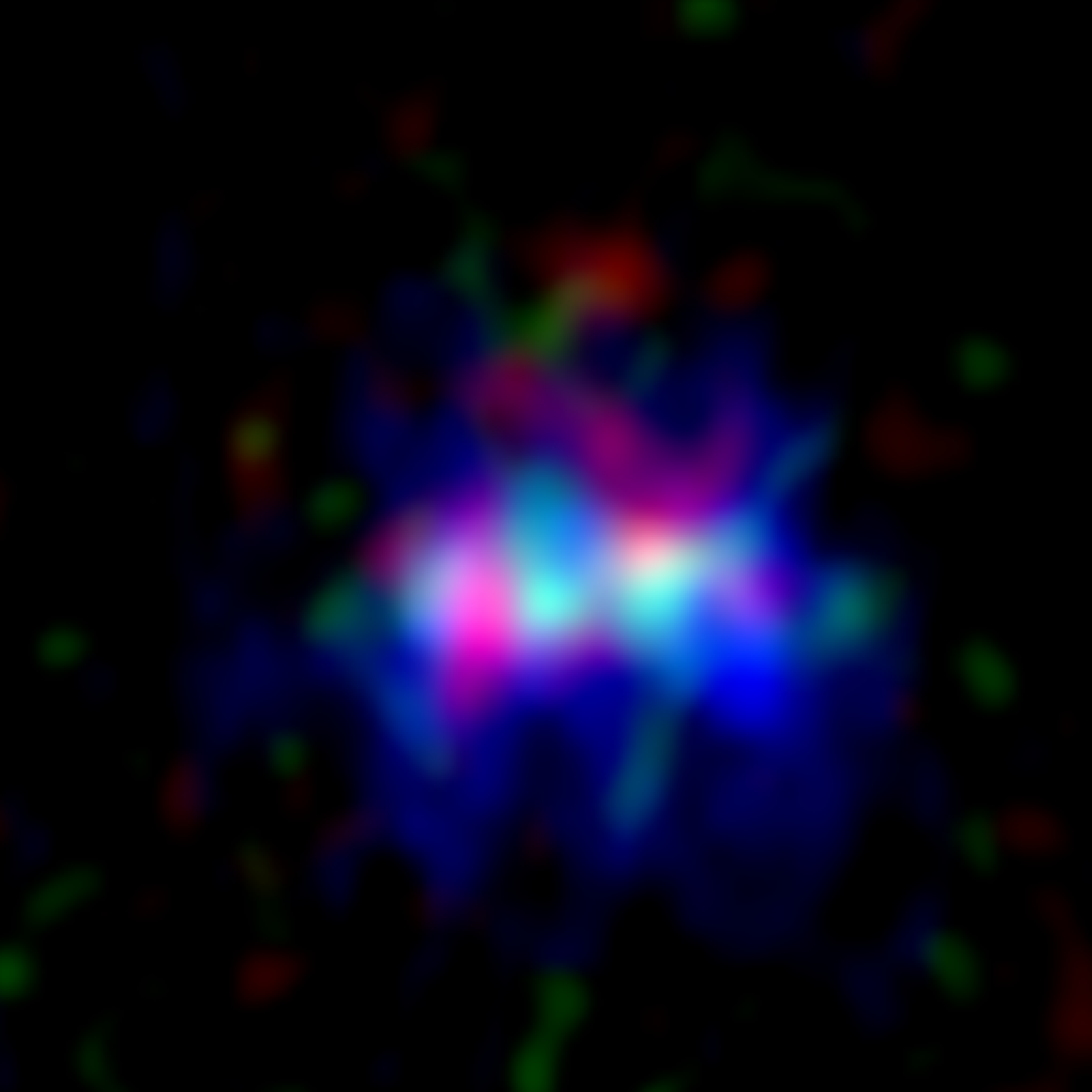 Imagen obtenida con ALMA de la galaxia MACS0416_Y1, ubicada a 13.200 millones de años luz, donde se encuentra la nebulosa oscura más lejana detectada a la fecha. La imagen abarca cerca de 15.000 años luz hacia cada lado. Imágenes de radio obtenidas por ALMA donde se aprecia la nebulosa oscura (emitiendo ondas de radio del polvo, mostradas en rojo) y la nebulosa de emisión (emitiendo ondas de radio de oxígeno, en verde), junto con imágenes de estrellas capturadas por el Telescopio Espacial Hubble (en azul). Créditos: ALMA (ESO/NAOJ/NRAO), Y. Tamura et al., Telescopio Espacial Hubble de la NASA/ESA. Créditos: ALMA (ESO/NAOJ/NRAO), Y. Tamura et al.
