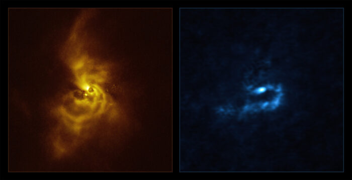On the left hand side in yellow is an image of the young star V960 Mon and its surrounding dusty material, taken with the Spectro-Polarimetric High-contrast Exoplanet REsearch (SPHERE) instrument installed on ESO’s Very Large Telescope (VLT). Light that is reflected off of the dusty material orbiting the star becomes polarised — meaning it oscillates in a well-defined direction rather than randomly — and is then detected by SPHERE, revealing mesmerising spiral arms. These findings motivated astronomers to analyse archival observations of the same system taken using Atacama Large Millimeter/submillimeter Array (ALMA), in which ESO is a partner. The results of this analysis can be seen on the right hand side in blue. The wavelengths of light at which ALMA observes allow it to pierce deeper into the orbiting material, revealing that the spiral arms are fragmenting and forming clumps with masses similar to that of planets. These clumps could contract and collapse via a process known as “gravitational instability” to form giant planets. Credit: ESO/ALMA (ESO/NAOJ/NRAO)/Weber et al.